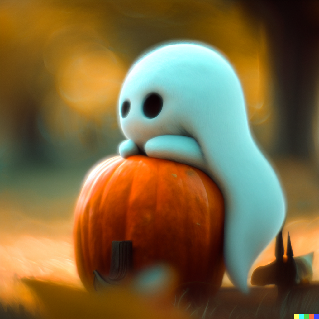 DALL·E 2023-06-26 12.21.47 – a cute illustration of a ghost sitting at a pumpkin in a park hyper realistic detail light focus bokeh telescope lens fall colors by Zdzisław Beksińsk