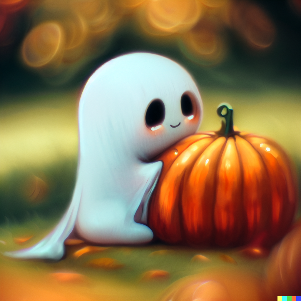 DALL·E 2023-06-26 12.21.50 – a cute illustration of a ghost sitting at a pumpkin in a park hyper realistic detail light focus bokeh telescope lens fall colors by Zdzisław Beksińsk