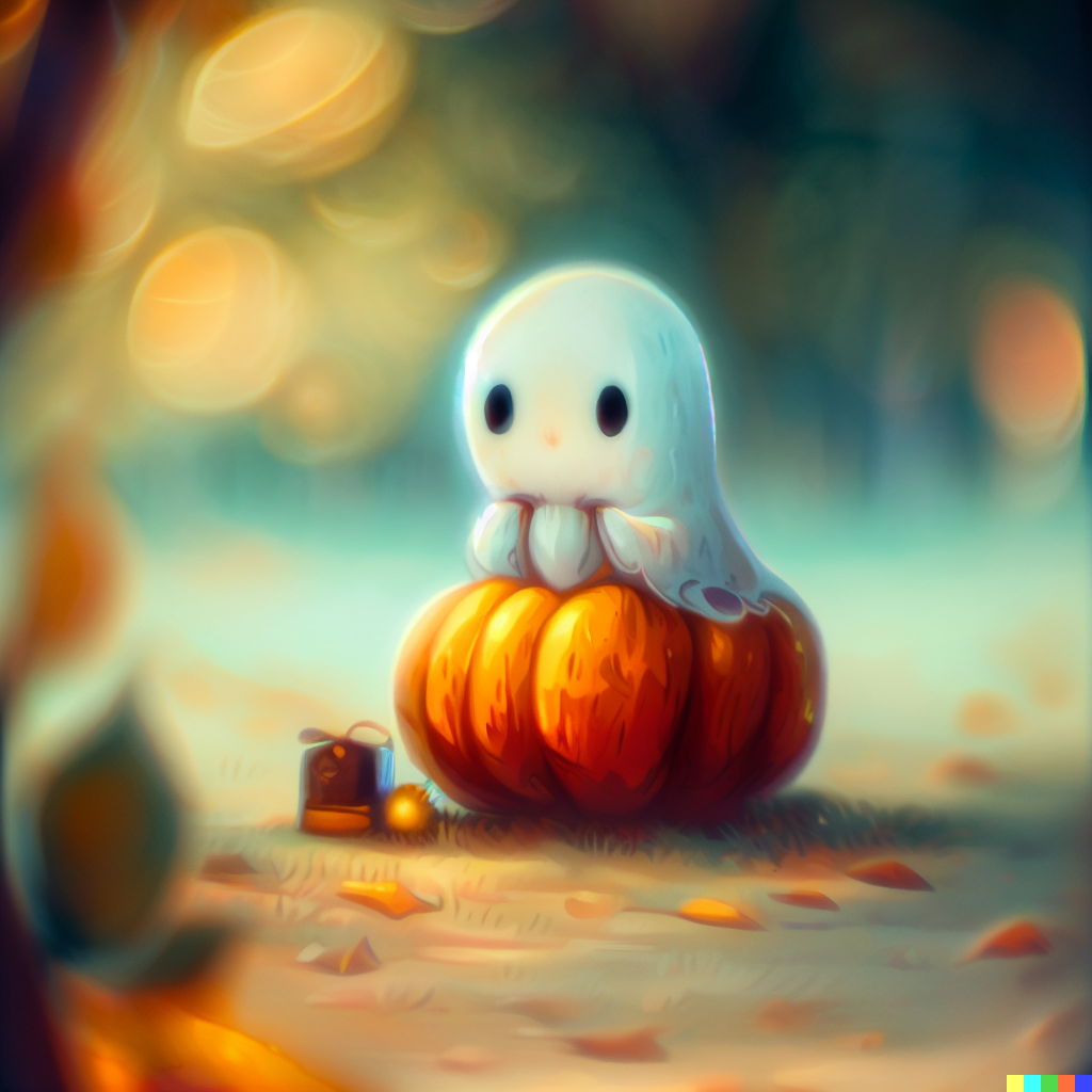 DALL·E 2023-06-26 12.21.55 – a cute illustration of a ghost sitting at a pumpkin in a park hyper realistic detail light focus bokeh telescope lens fall colors by Zdzisław Beksińsk