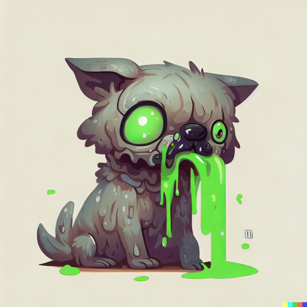 DALL·E 2023-06-26 12.21.58 – cute digital illustration of an undead zombie dog with green ooze for drool by Greg Rutkowski, Studio Ghibli, Simon Stålenhag