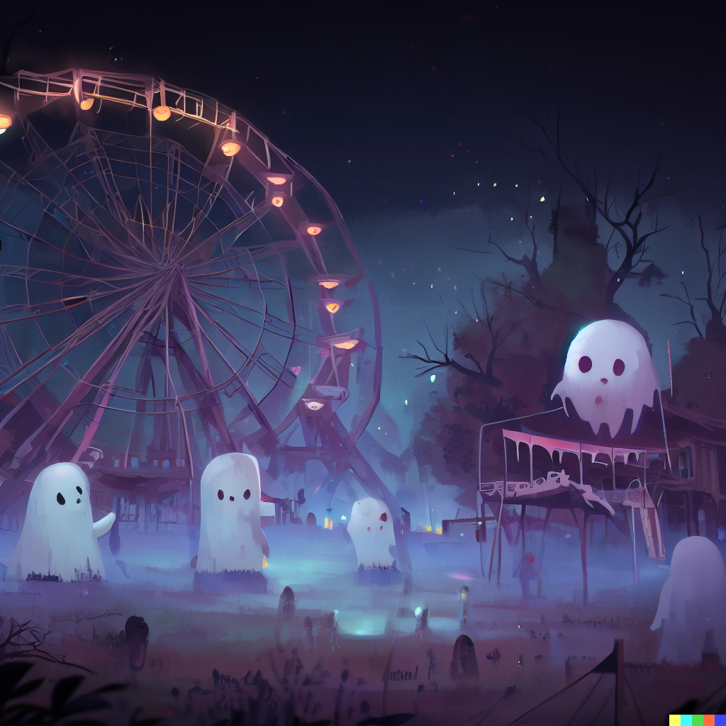 DALL·E 2023-06-26 12.22.07 – cute halloween party haunted carnival with abandoned ferris wheel and ghosts creepy digital illustration by Greg Rutkowski, Studio Ghibli