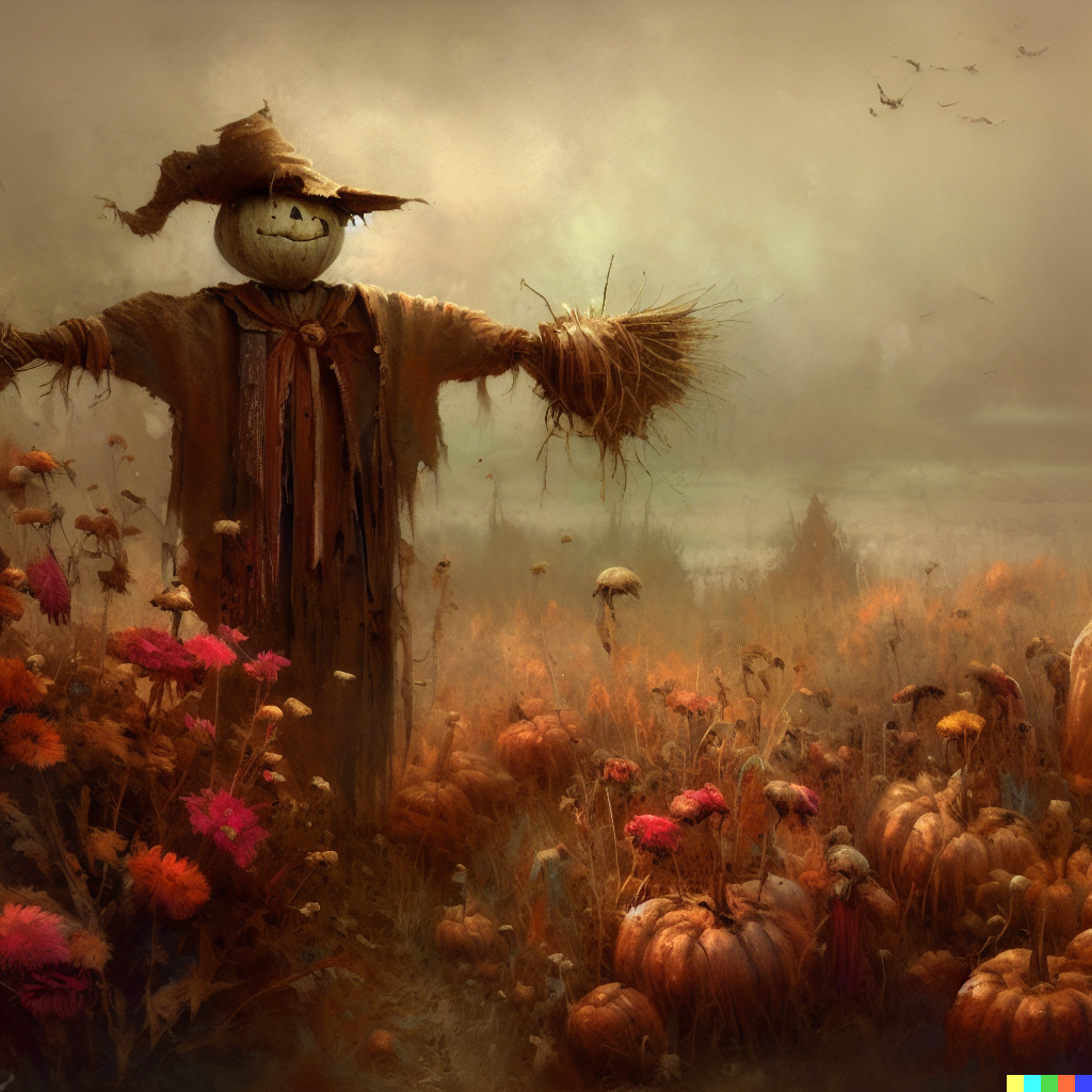 DALL·E 2023-06-26 12.22.18 – a scarecrow in a field of dying flowers and pumpkins, rustic, story book, over the garden wall, beautiful, highly detailed, artstation, soft lighting,