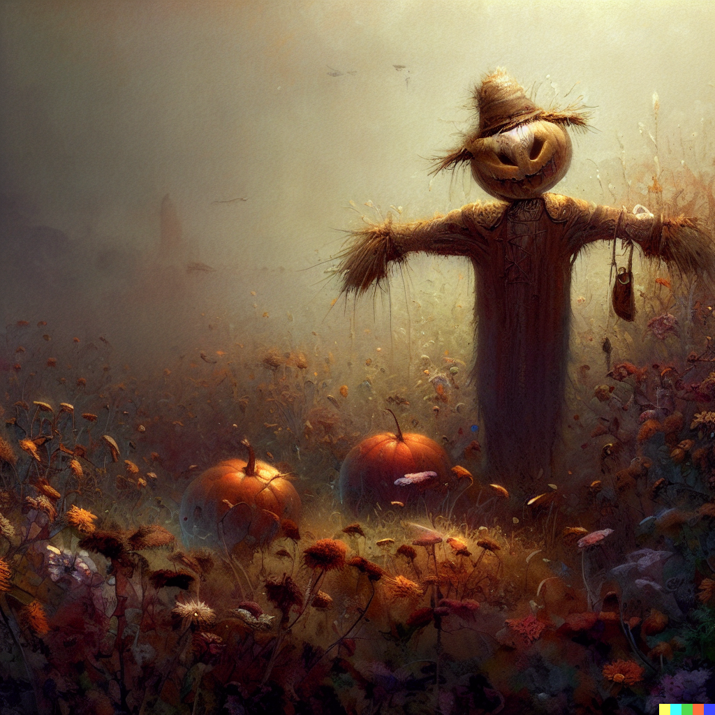 DALL·E 2023-06-26 12.22.22 – a scarecrow in a field of dying flowers and pumpkins, rustic, story book, over the garden wall, beautiful, highly detailed, artstation, soft lighting,