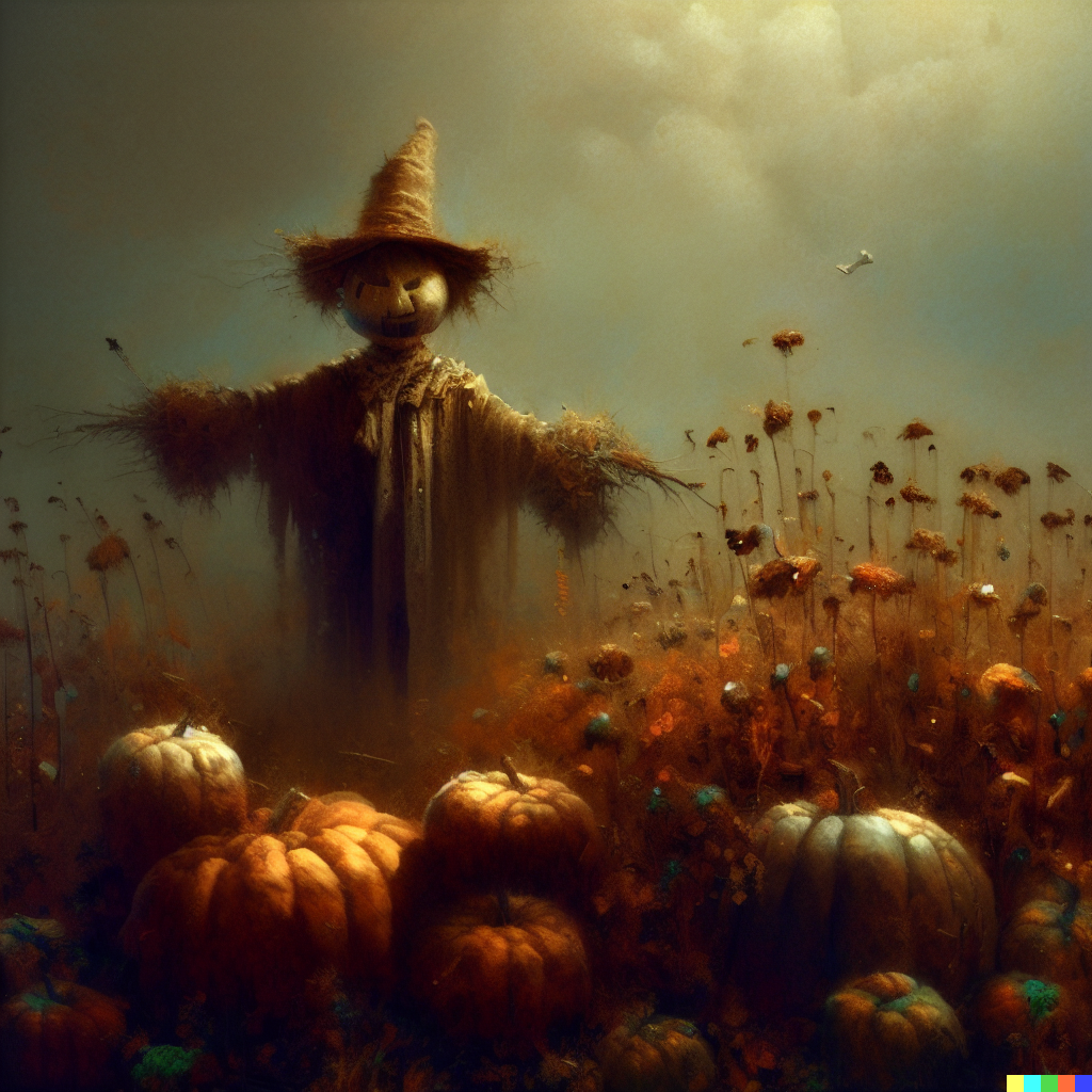 DALL·E 2023-06-26 12.22.26 – a scarecrow in a field of dying flowers and pumpkins, rustic, story book, over the garden wall, beautiful, highly detailed, artstation, soft lighting,