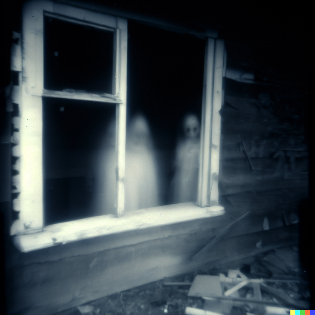 DALL·E 2023-06-26 12.22.29 – pinhole photograpy of an abandoned house with ghosts looking out a window