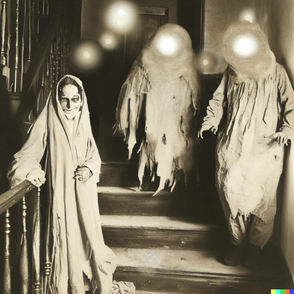 DALL·E 2023-06-26 12.22.39 – 1900s photograph of decrepit humanoid monsters dressed for Halloween standing in an old haunted house next to stairs with ghost orbs and glowing eyes