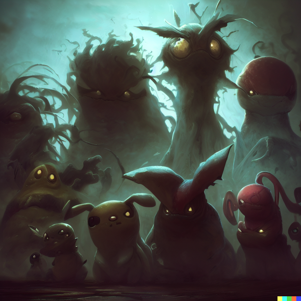 DALL·E 2023-06-26 12.23.06 – group shot of pokemon by Zdzisław Beksiński