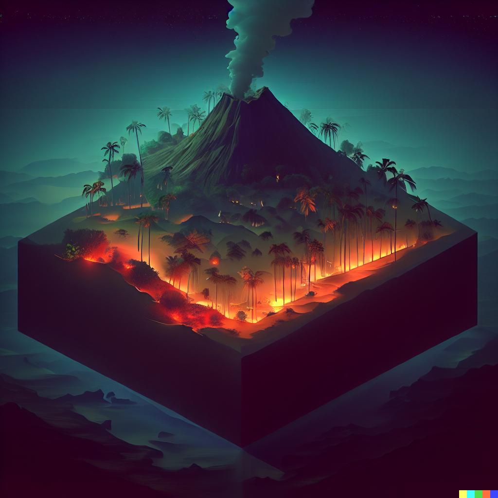 DALL·E 2023-06-26 12.25.59 – tropical island at night volcano compressed into a 1 meter isometric cube by Zdzisław Beksiński