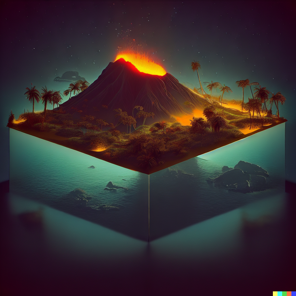 DALL·E 2023-06-26 12.26.04 – tropical island at night volcano compressed into a 1 meter isometric cube by Zdzisław Beksiński