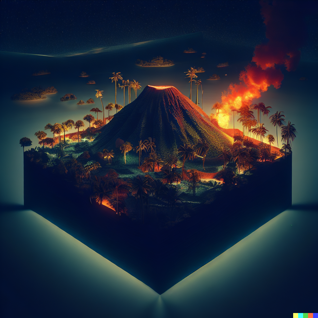 DALL·E 2023-06-26 12.26.08 – tropical island at night volcano compressed into a 1 meter isometric cube by Zdzisław Beksiński