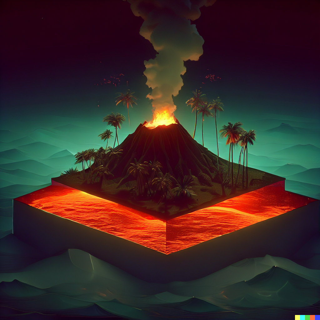 DALL·E 2023-06-26 12.26.14 – tropical island at night volcano compressed into a 1 meter isometric cube by Zdzisław Beksiński