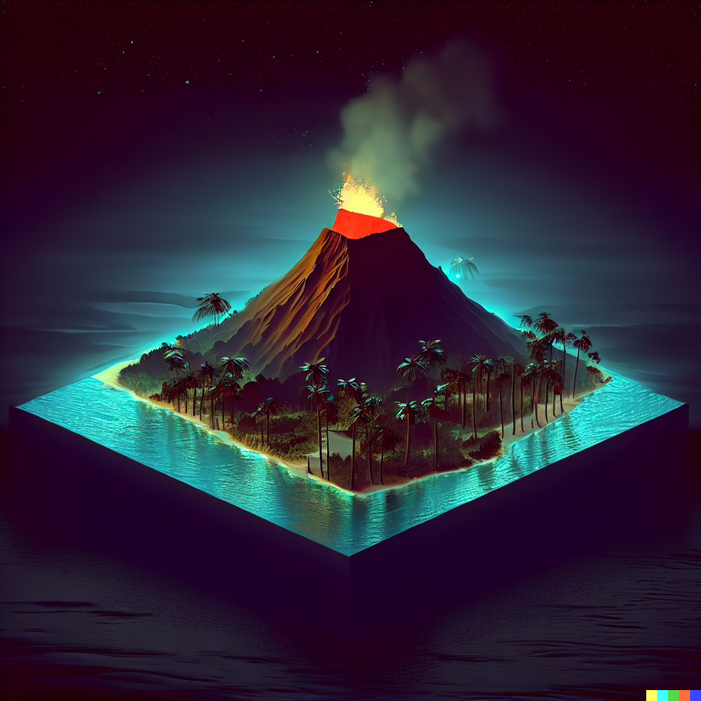 DALL·E 2023-06-26 12.26.18 – tropical island at night volcano compressed into a 1 meter isometric cube by Zdzisław Beksiński