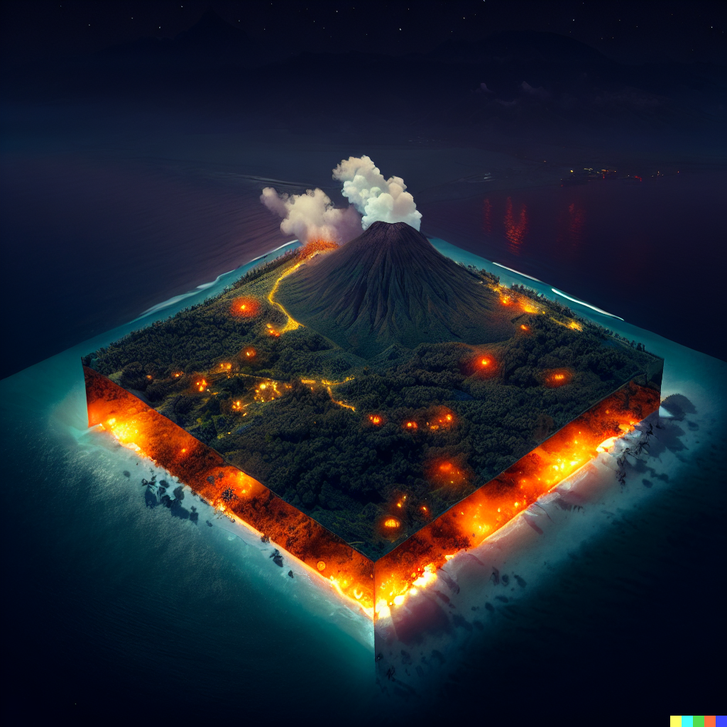 DALL·E 2023-06-26 12.26.35 – aerial photography of a tropical island at night volcano compressed into a 1 meter isometric cube