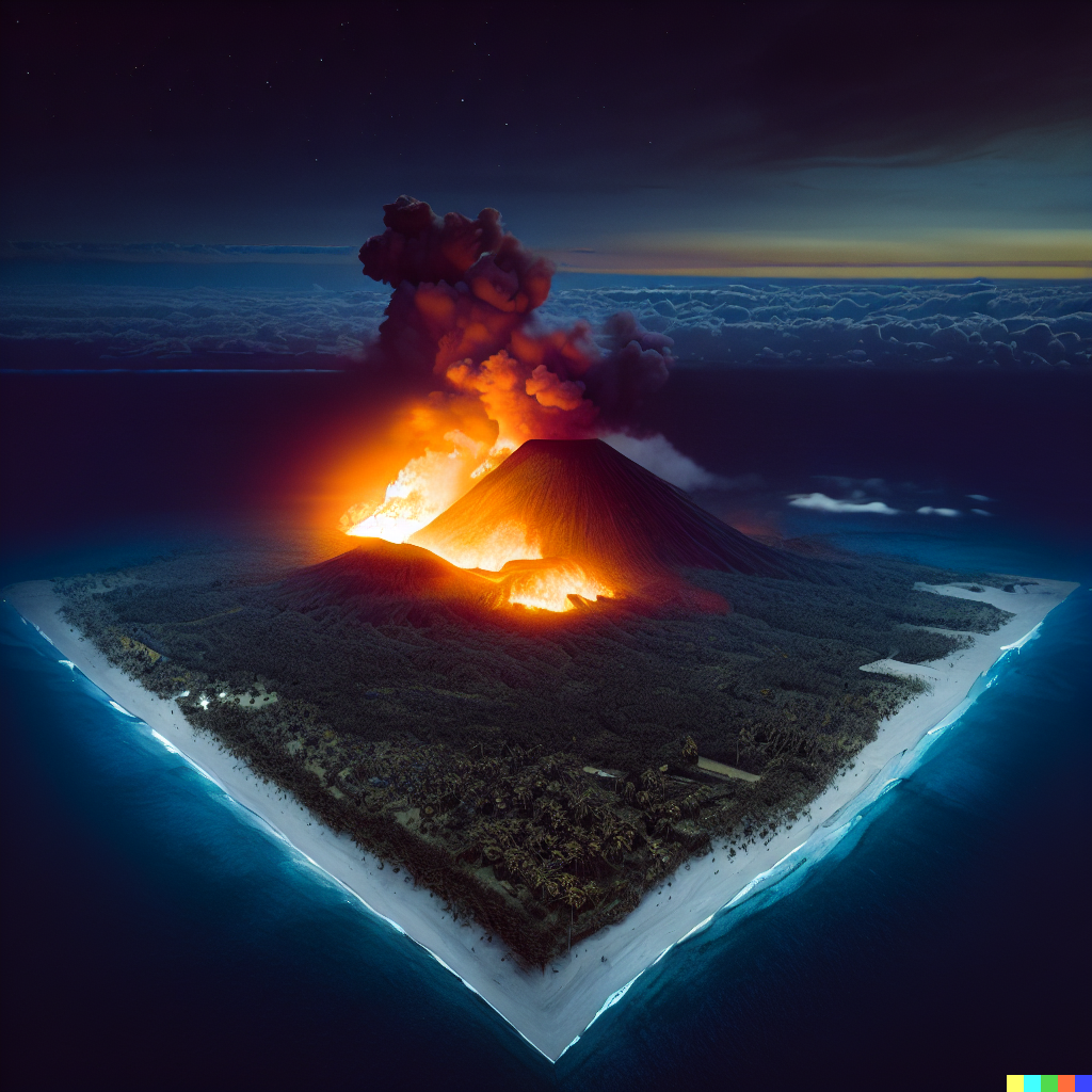 DALL·E 2023-06-26 12.26.38 – aerial photography of a tropical island at night volcano compressed into a 1 meter isometric cube