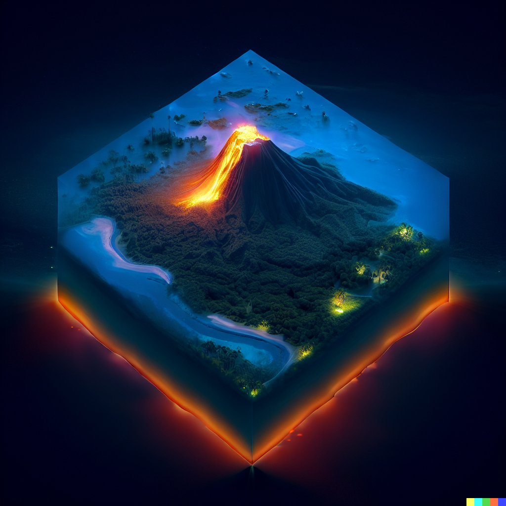 DALL·E 2023-06-26 12.26.43 – aerial photography of a tropical island at night volcano compressed into a 1 meter isometric cube by moebius