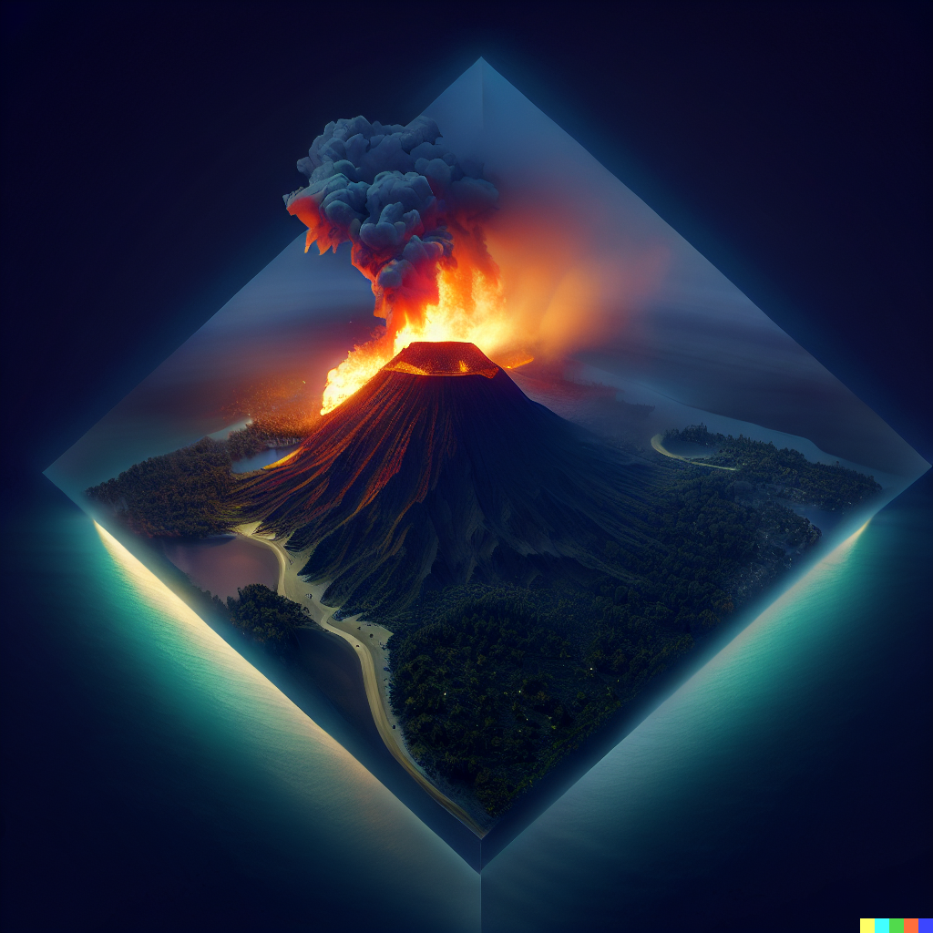 DALL·E 2023-06-26 12.26.50 – aerial photography of a tropical island at night volcano compressed into a 1 meter isometric cube by moebius