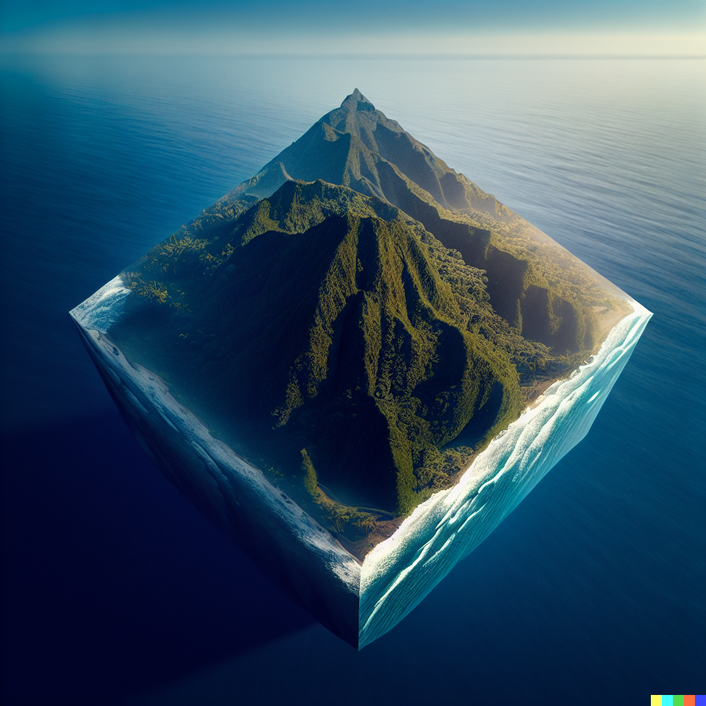 DALL·E 2023-06-26 12.27.06 – aerial photography of a tropical mountainous island compressed into a 1 meter isometric cube by moebius