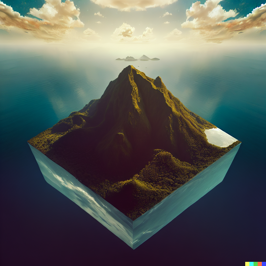 DALL·E 2023-06-26 12.27.14 – aerial photography of a tropical mountainous island compressed into a 1 meter isometric cube by moebius