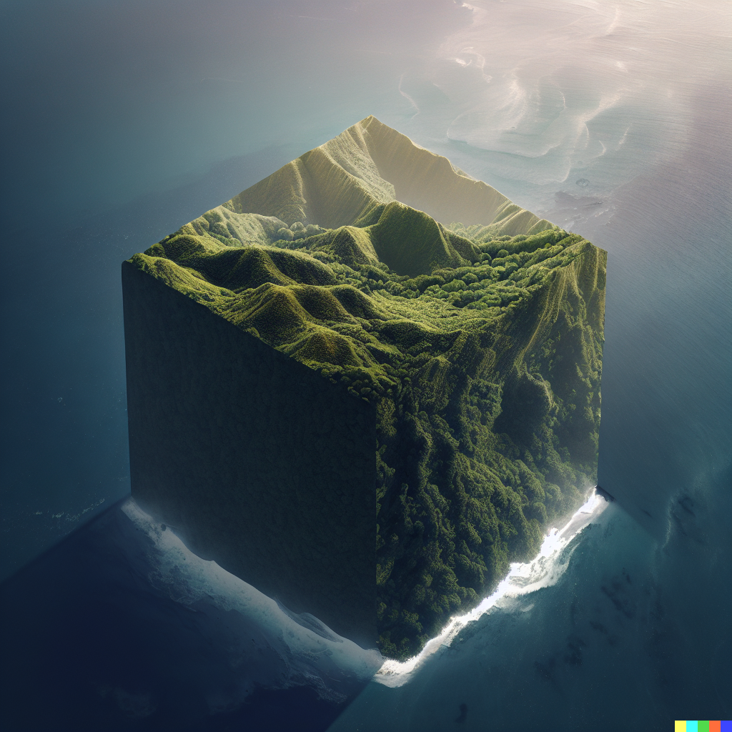 DALL·E 2023-06-26 12.27.18 – aerial photography of a tropical mountainous island compressed into a 1 meter isometric cube by moebius