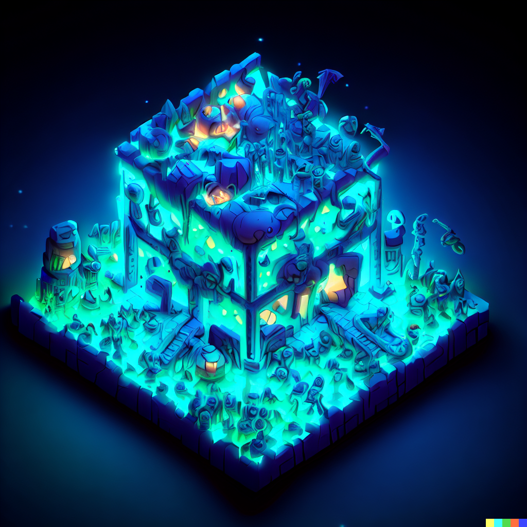 DALL·E 2023-06-26 12.27.28 – world of warcraft compressed into a 1 meter isometric cube bioluminescent claymation stytle