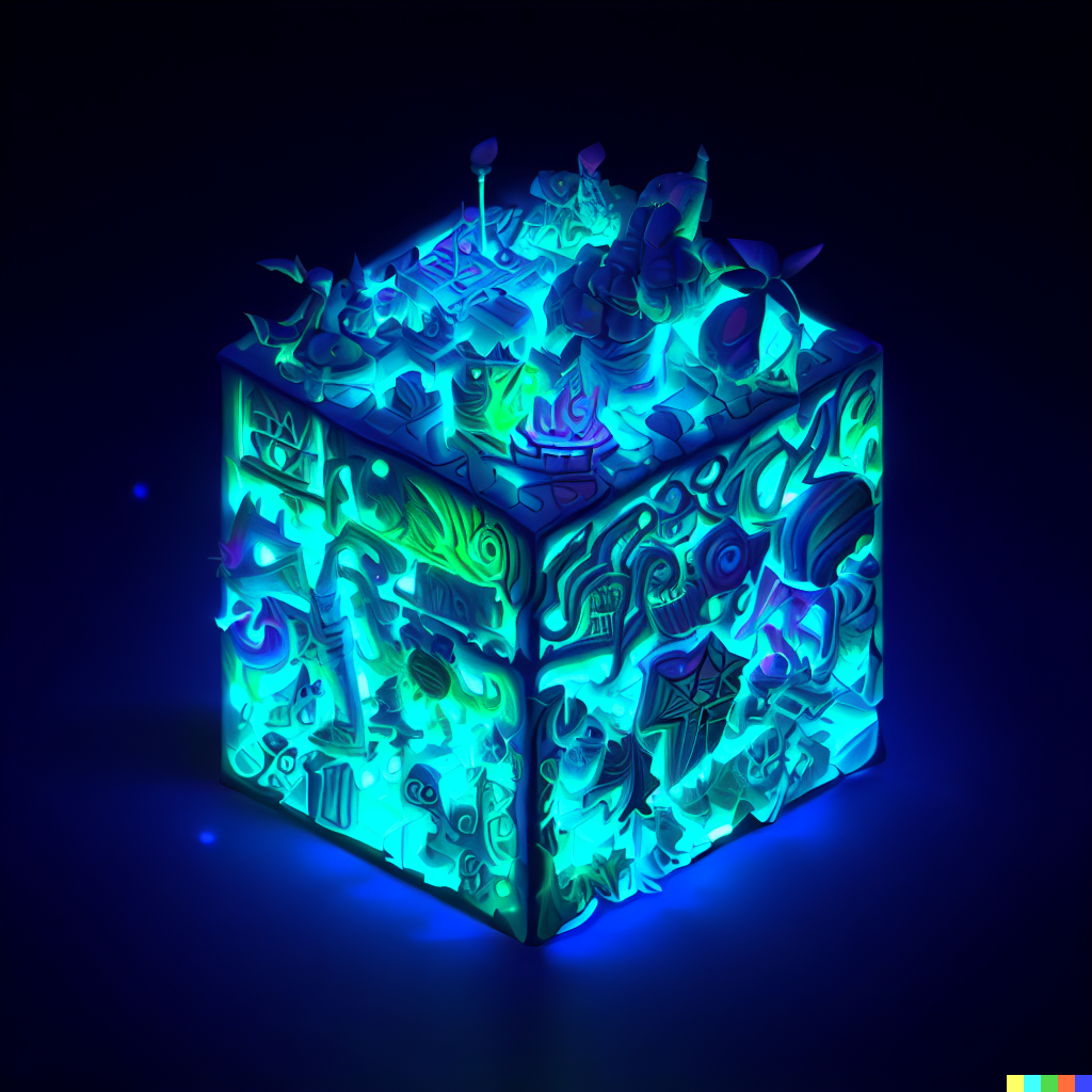 DALL·E 2023-06-26 12.27.34 – world of warcraft compressed into a 1 meter isometric cube bioluminescent claymation stytle