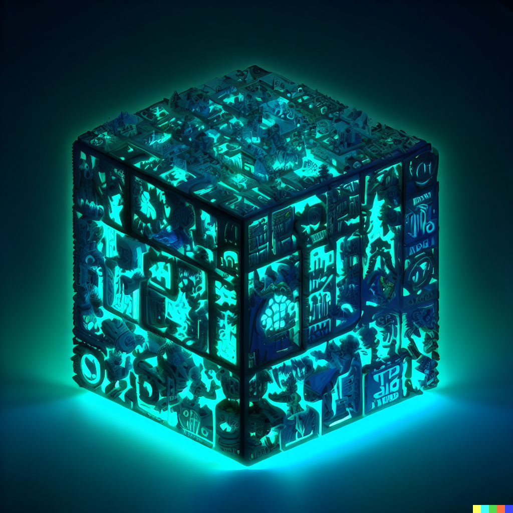 DALL·E 2023-06-26 12.27.40 – world of warcraft compressed into a 1 meter isometric cube bioluminescent