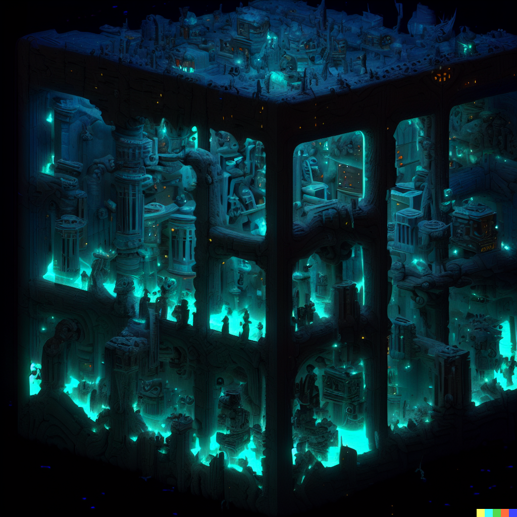 DALL·E 2023-06-26 12.27.57 – world of warcraft compressed into a 1 meter isometric cube by moebius Zdzisław Beksiński Escher bioluminescent
