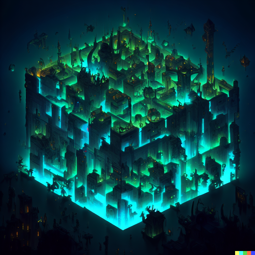 DALL·E 2023-06-26 12.28.01 – world of warcraft compressed into a 1 meter isometric cube by moebius Zdzisław Beksiński Escher bioluminescent