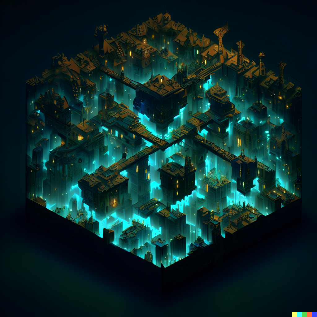 DALL·E 2023-06-26 12.28.07 – world of warcraft compressed into a 1 meter isometric cube by moebius Zdzisław Beksiński Escher bioluminescent