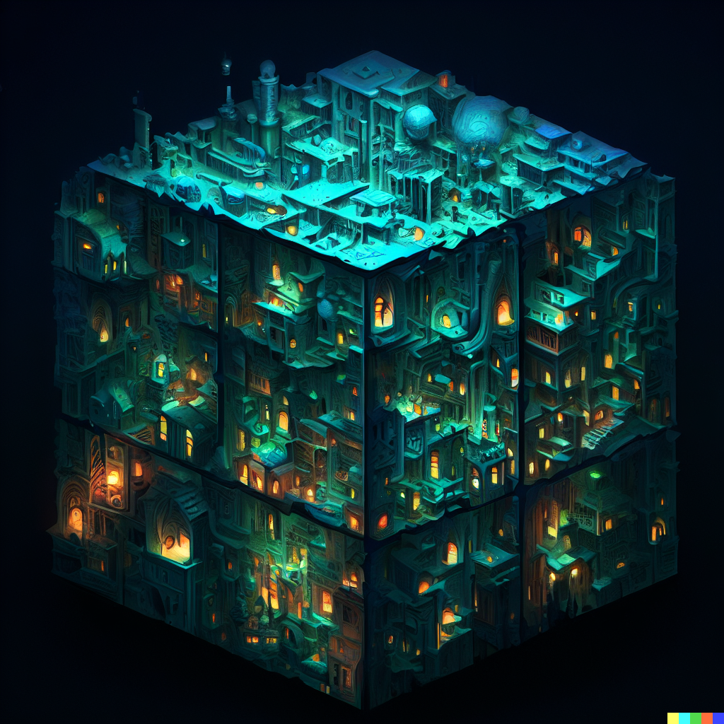 DALL·E 2023-06-26 12.28.14 – world of warcraft compressed into a 1 meter isometric cube by moebius Zdzisław Beksiński Escher bioluminescent