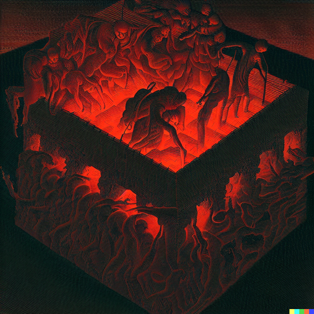 DALL·E 2023-06-26 12.28.23 – the 9 circles of hell by gustave dore compressed into a 1 meter isometric cube by moebius Zdzisław Beksiński Escher bioluminescent