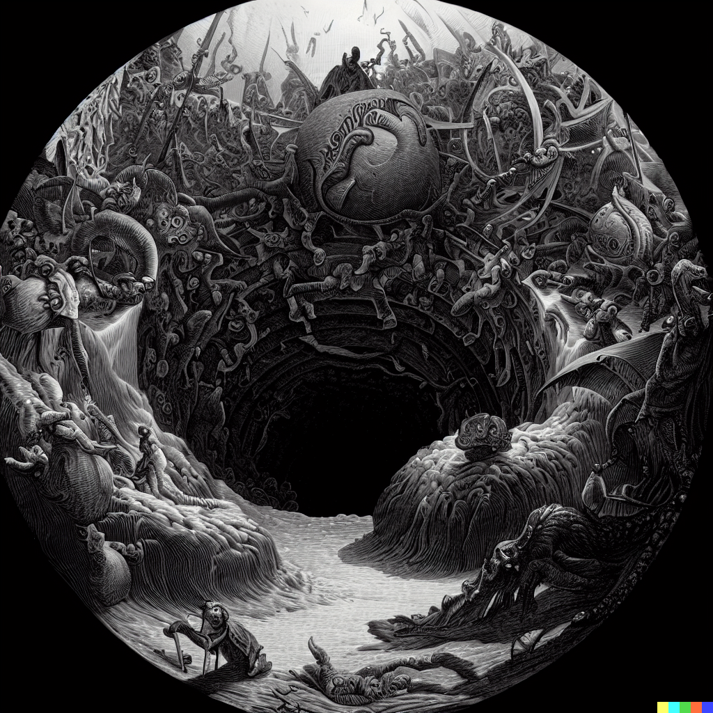 DALL·E 2023-06-26 12.28.44 – the 9 circles of hell by gustave dore compressed into a 1 meter isometric sphere by moebius Zdzisław Beksiński Escher