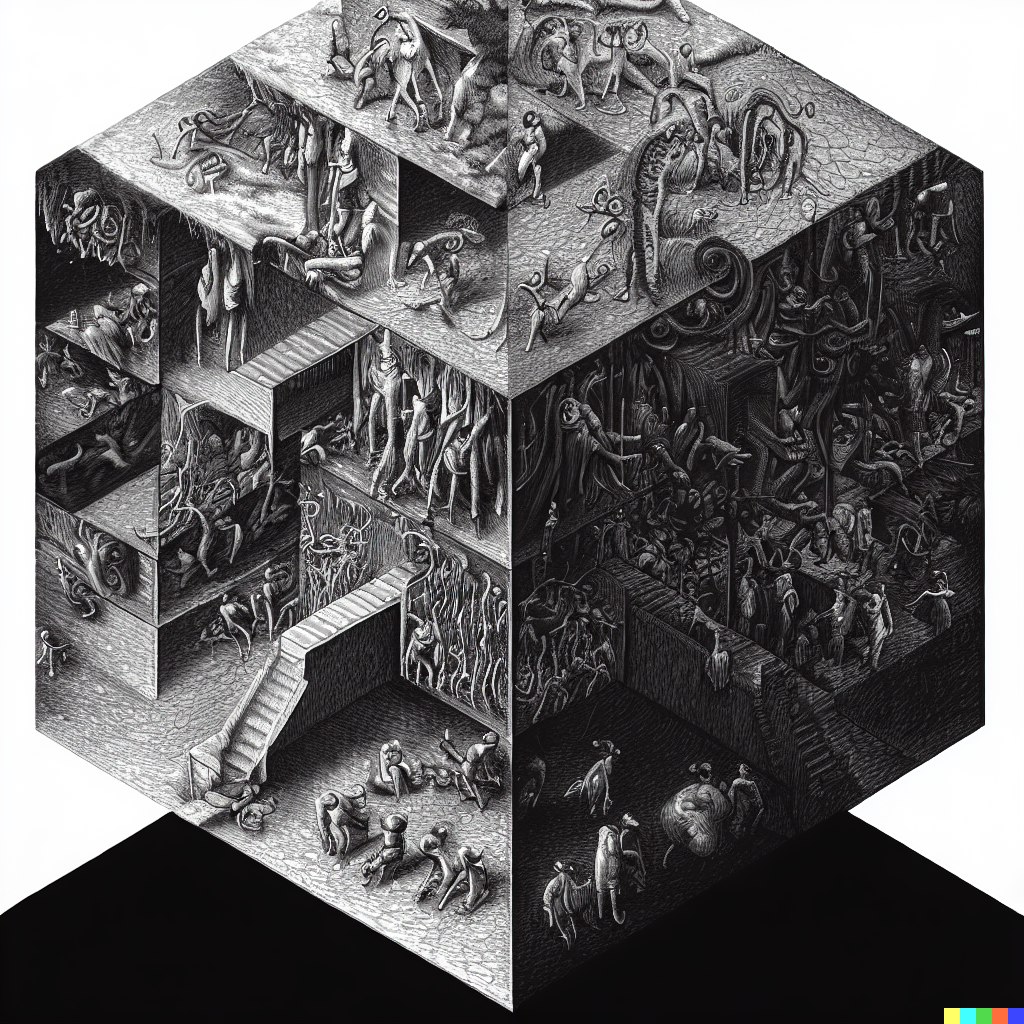 DALL·E 2023-06-26 12.28.50 – the 9 circles of hell by gustave dore compressed into a 1 meter isometric cube by moebius Zdzisław Beksiński Escher