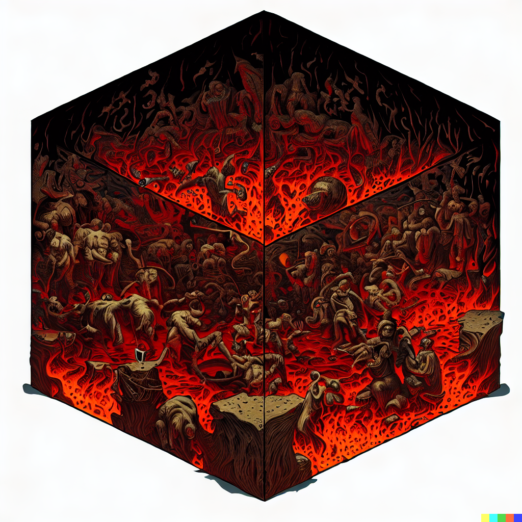 DALL·E 2023-06-26 12.28.56 – the 9 circles of hell by gustave dore compressed into a 1 meter isometric cube by moebius