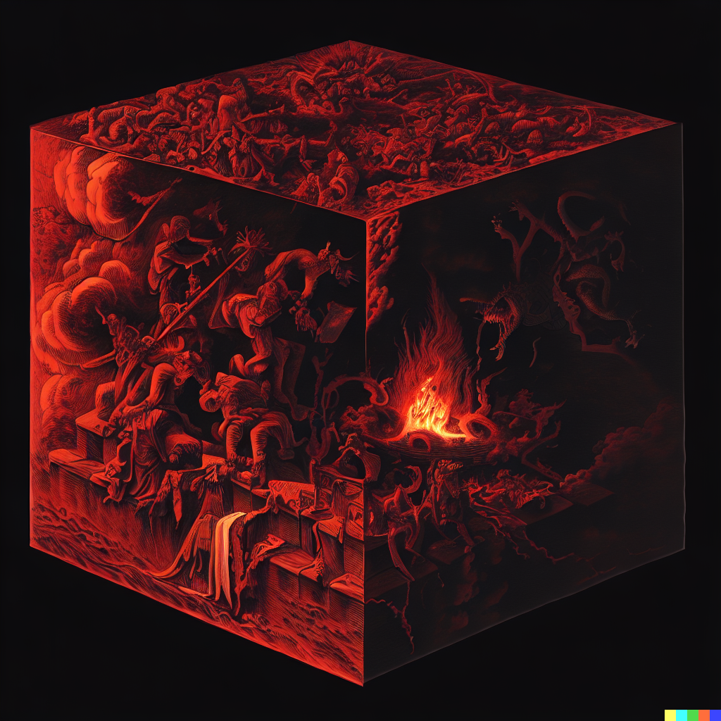 DALL·E 2023-06-26 12.29.00 – the 9 circles of hell by gustave dore compressed into a 1 meter isometric cube by moebius