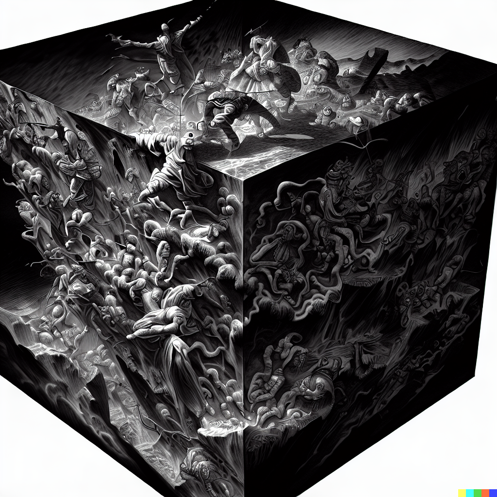 DALL·E 2023-06-26 12.29.03 – the 9 circles of hell by gustave dore compressed into a 1 meter isometric cube by moebius