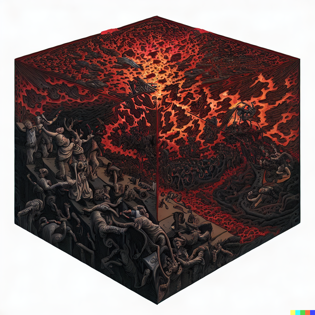 DALL·E 2023-06-26 12.29.06 – the 9 circles of hell by gustave dore compressed into a 1 meter isometric cube by moebius