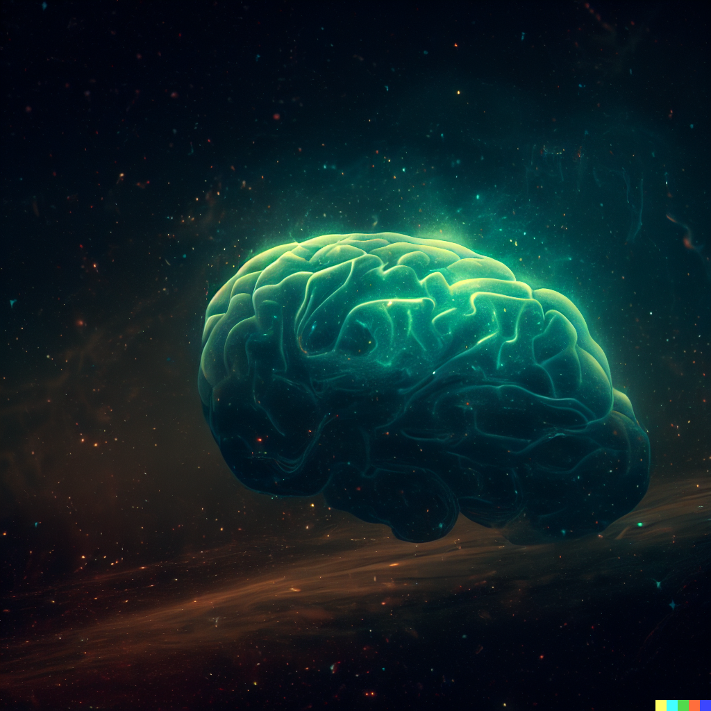 DALL·E 2023-06-26 12.29.20 – boltzmann brain bioluminescent gloom floating in cosmic dust in space by Zdzisław Beksiński dark