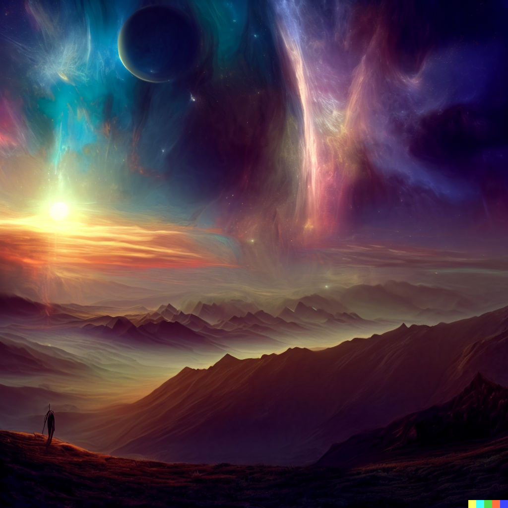 DALL·E 2023-06-26 12.29.44 – magical cosmic sunsets in the mountains by Zdzisław Beksiński