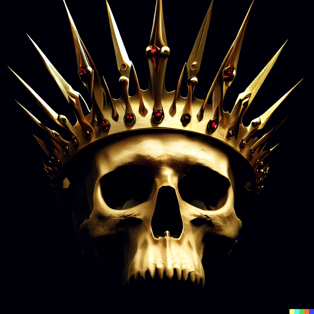 DALL·E 2023-06-26 12.30.43 – crown made of ends of daggers on a skull made of gold with ruby eyes by Zdzisław Beksiński