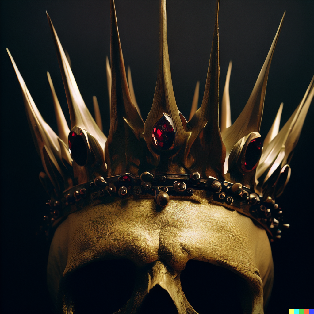 DALL·E 2023-06-26 12.30.50 – crown made of ends of daggers on a skull made of gold with ruby eyes by Zdzisław Beksiński