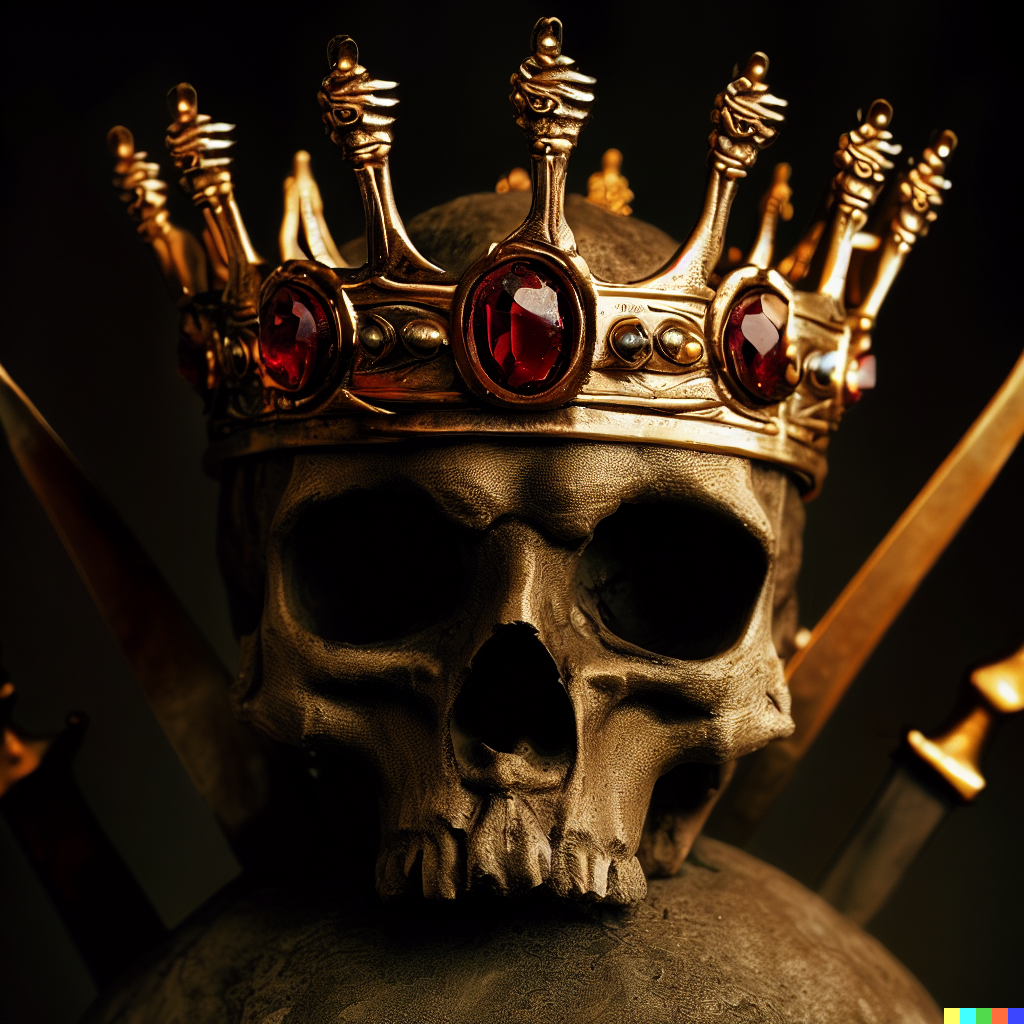 DALL·E 2023-06-26 12.31.00 – crown of old swords on a skull made of gold with ruby eyes by Zdzisław Beksiński space