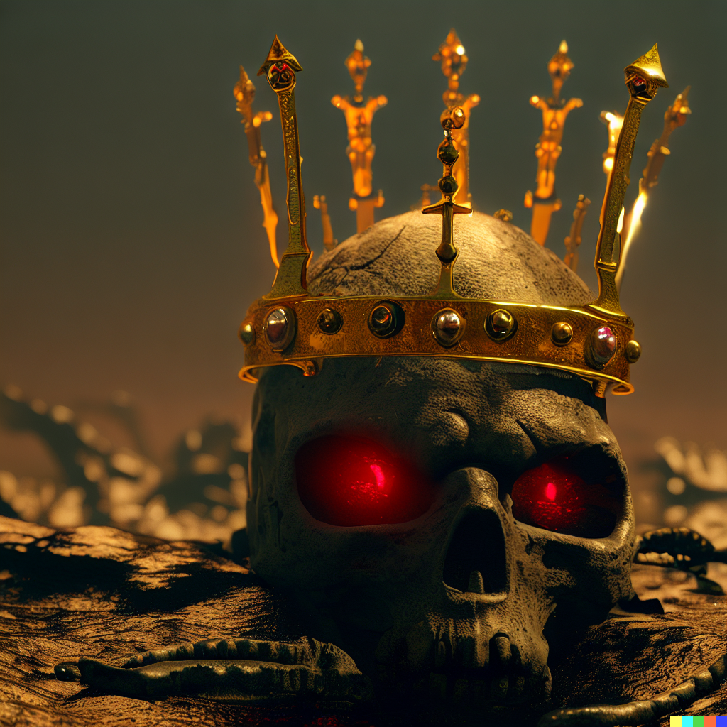 DALL·E 2023-06-26 12.31.06 – crown of old swords on a skull made of gold with ruby eyes by Zdzisław Beksiński unreal engine in lava