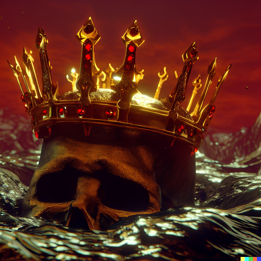 DALL·E 2023-06-26 12.31.13 – crown of swords on a skull of gold with ruby eyes by Zdzisław Beksiński unreal engine in lava