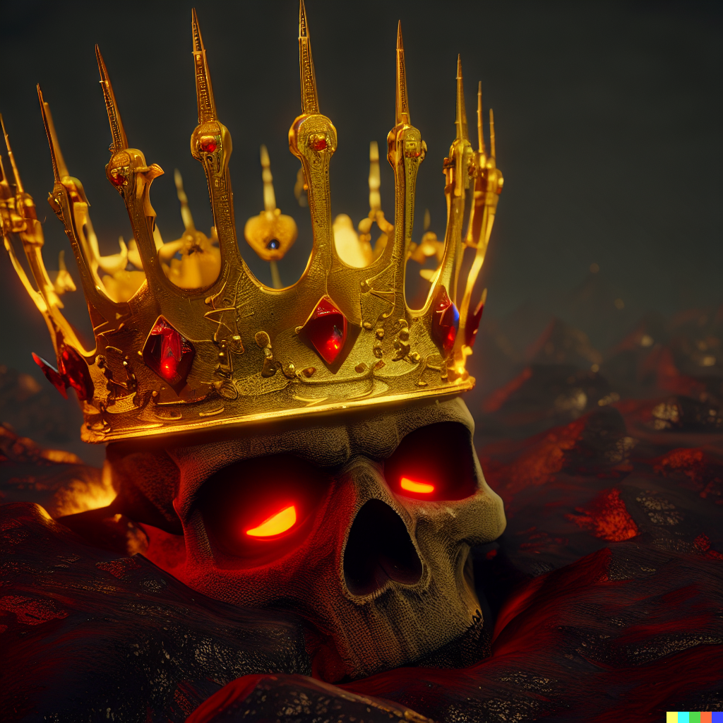 DALL·E 2023-06-26 12.31.19 – crown of swords on a skull of gold with ruby eyes by Zdzisław Beksiński unreal engine in lava