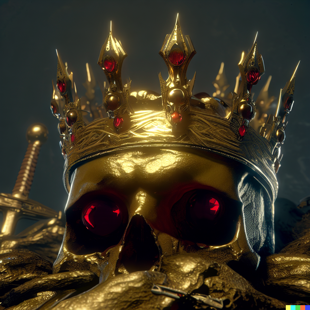 DALL·E 2023-06-26 12.31.27 – crown of swords on a skull of gold with ruby eyes by Zdzisław Beksiński unreal engine