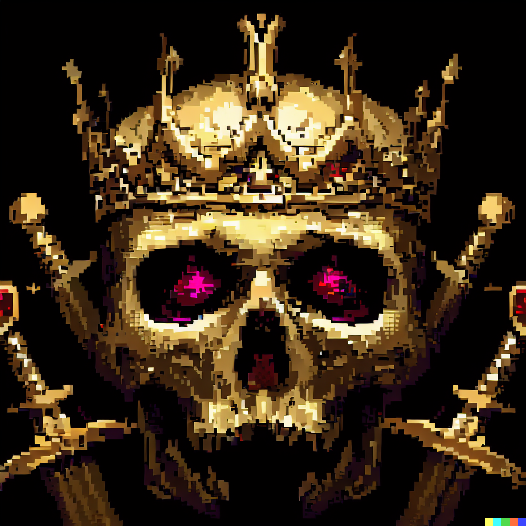 DALL·E 2023-06-26 12.31.32 – crown of swords on a skull of gold with ruby eyes by Zdzisław Beksiński pixel art