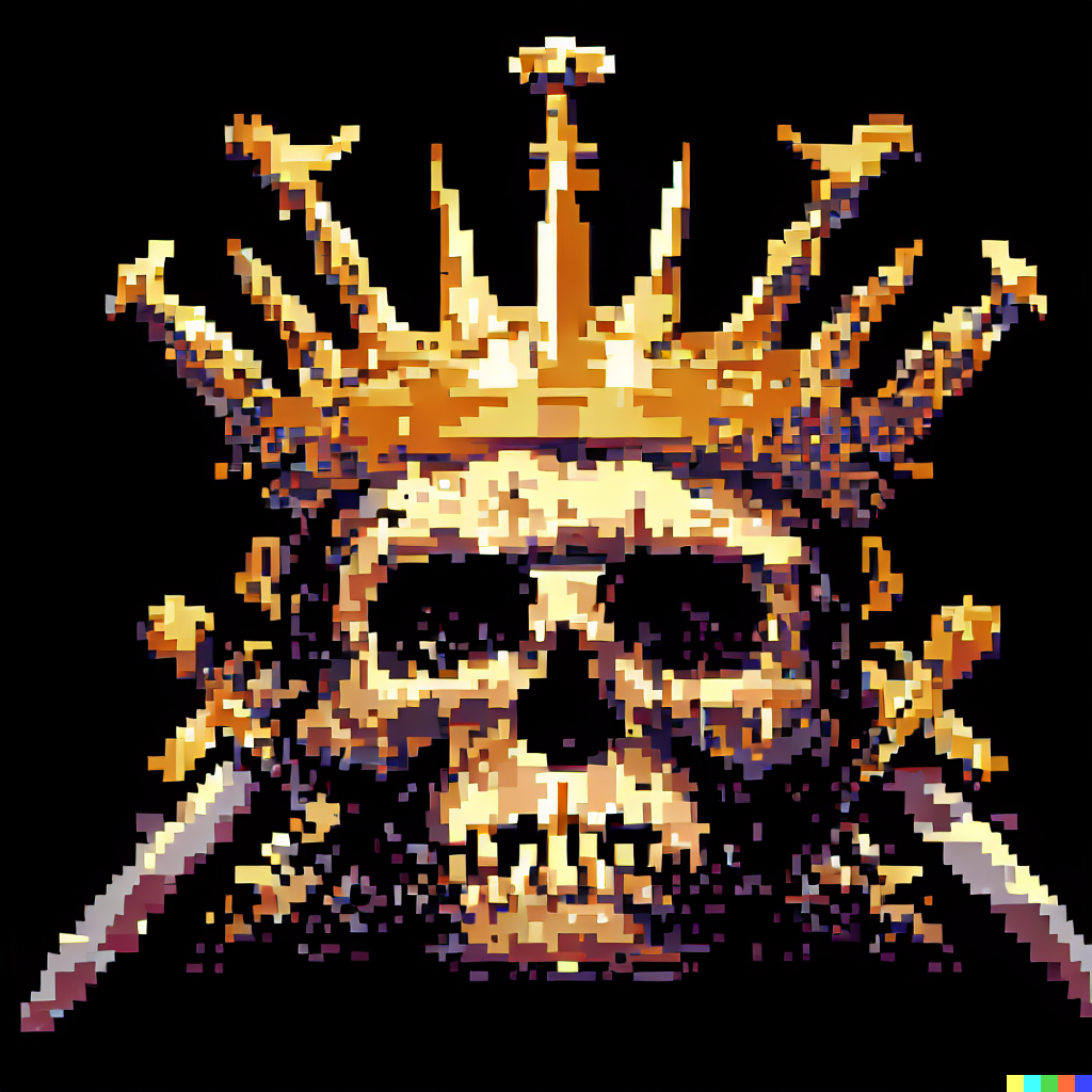 DALL·E 2023-06-26 12.31.47 – crown of daggers on a skull of gold by Zdzisław Beksiński pixel art