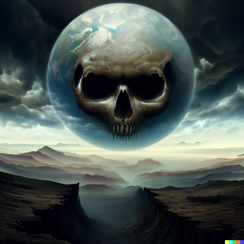 DALL·E 2023-06-26 12.32.17 – earth with skull clouds rising over a mountain horizon by Zdzisław Beksiński