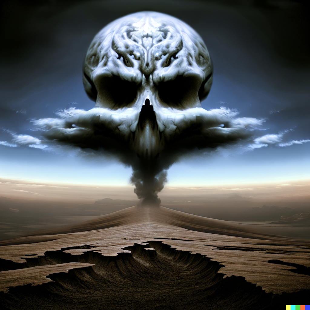 DALL·E 2023-06-26 12.32.23 – earth with skull clouds rising over a mountain horizon by Zdzisław Beksiński